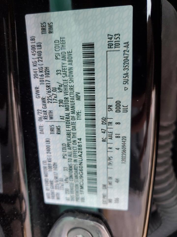 2022 FORD ESCAPE SE VIN:1FMCU9G60NUA28814