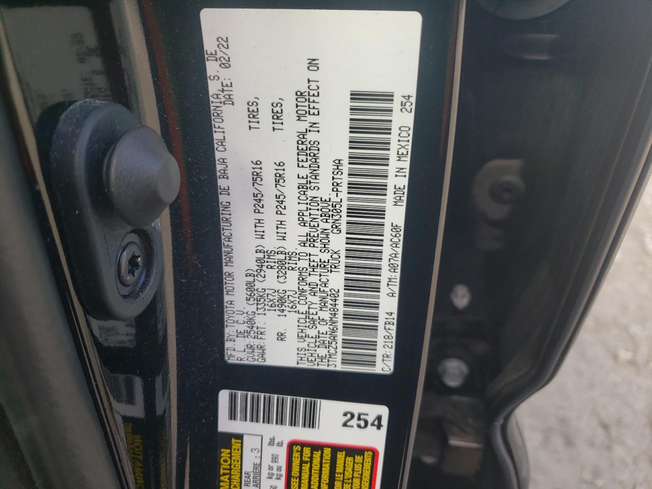 2022 TOYOTA TACOMA DOUBLE CAB VIN:3TMCZ5AN6NM484402