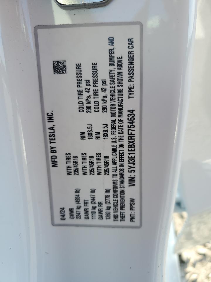 2024 TESLA MODEL 3  VIN:5YJ3E1EBXRF754634