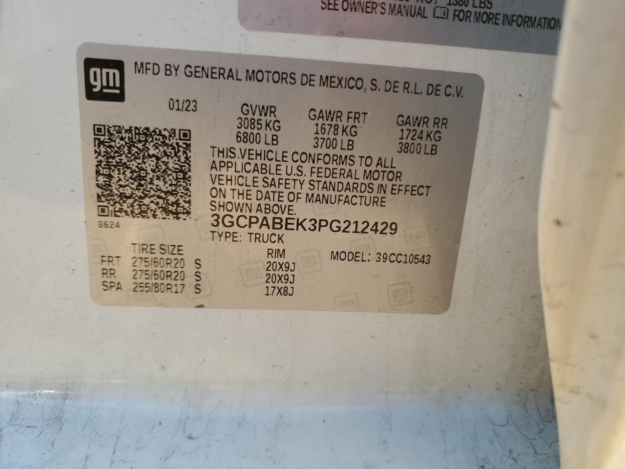 2023 CHEVROLET SILVERADO C1500 CUSTOM VIN:3GCPABEK3PG212429