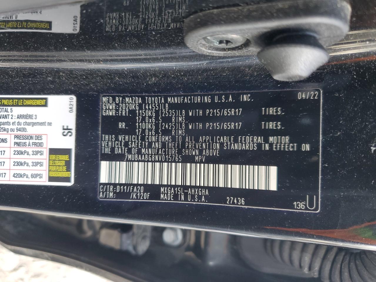2022 TOYOTA COROLLA CROSS LE VIN:7MUBAABG8NV015765