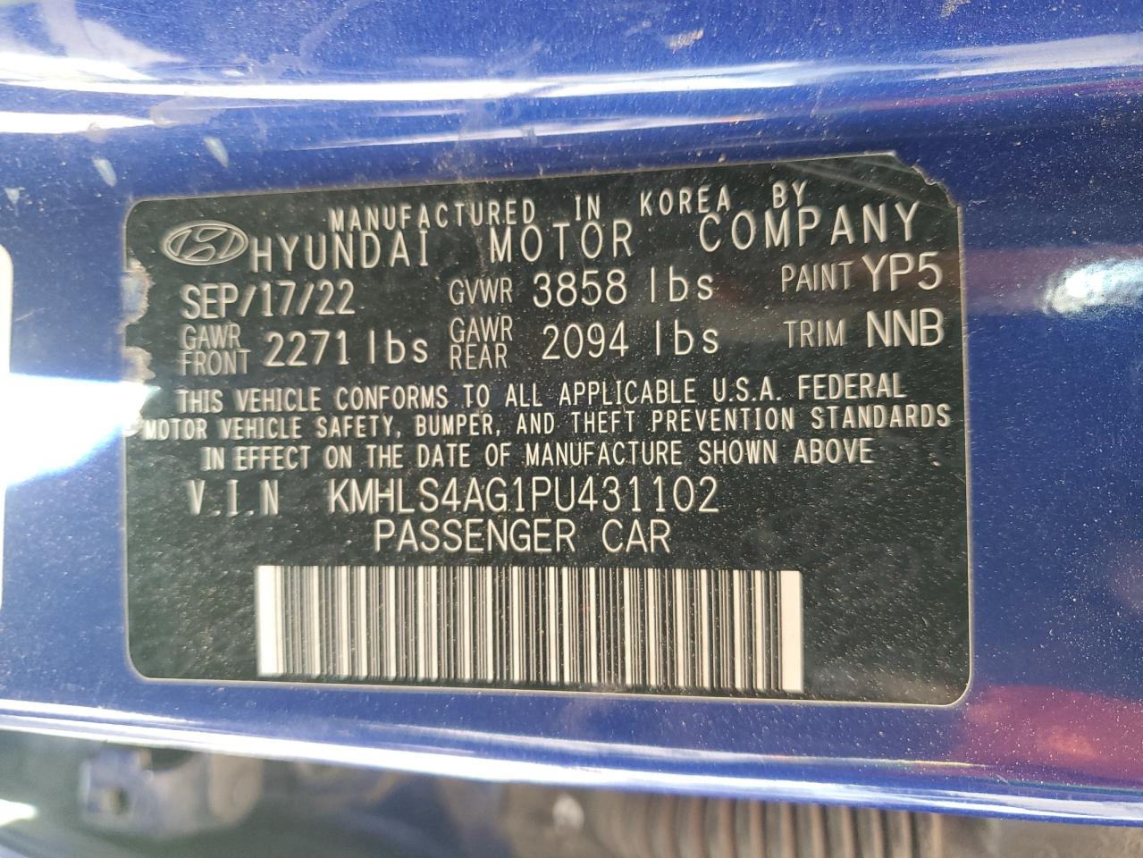 2023 HYUNDAI ELANTRA SEL VIN:KMHLS4AG1PU431102