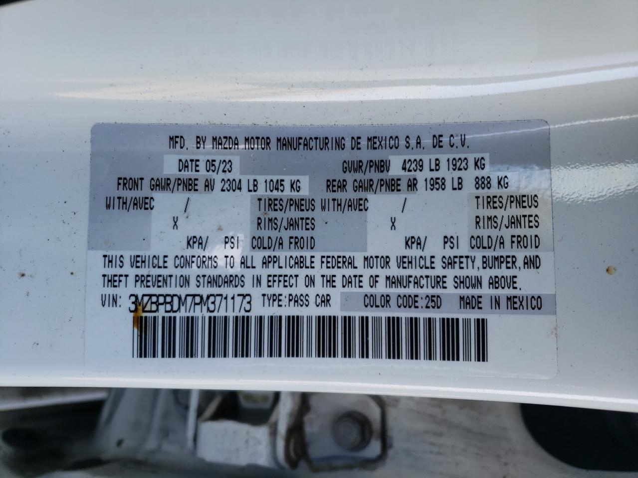 2023 MAZDA 3 PREMIUM VIN:3MZBPBDM7PM371173