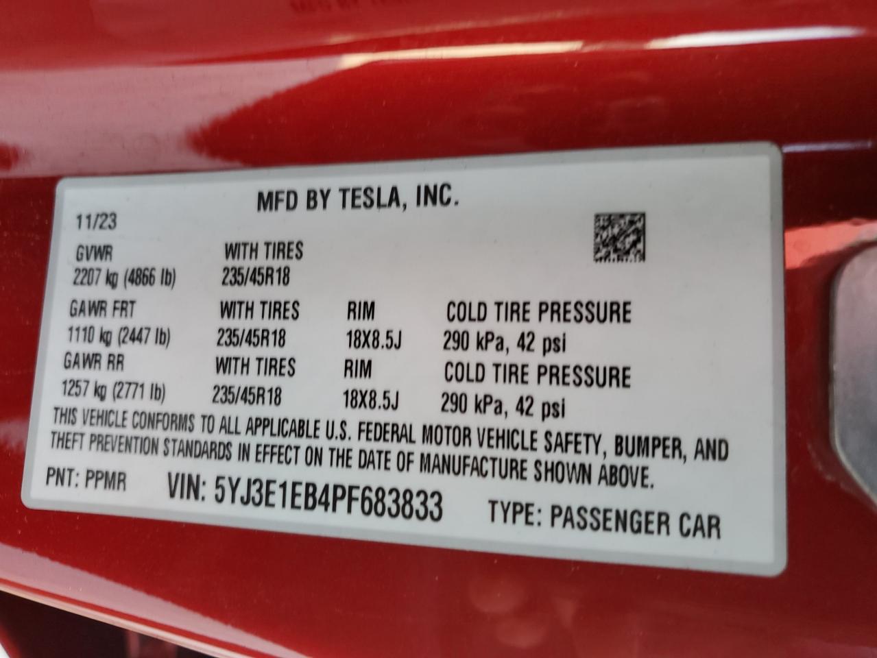 2023 TESLA MODEL 3  VIN:5YJ3E1EB4PF683833