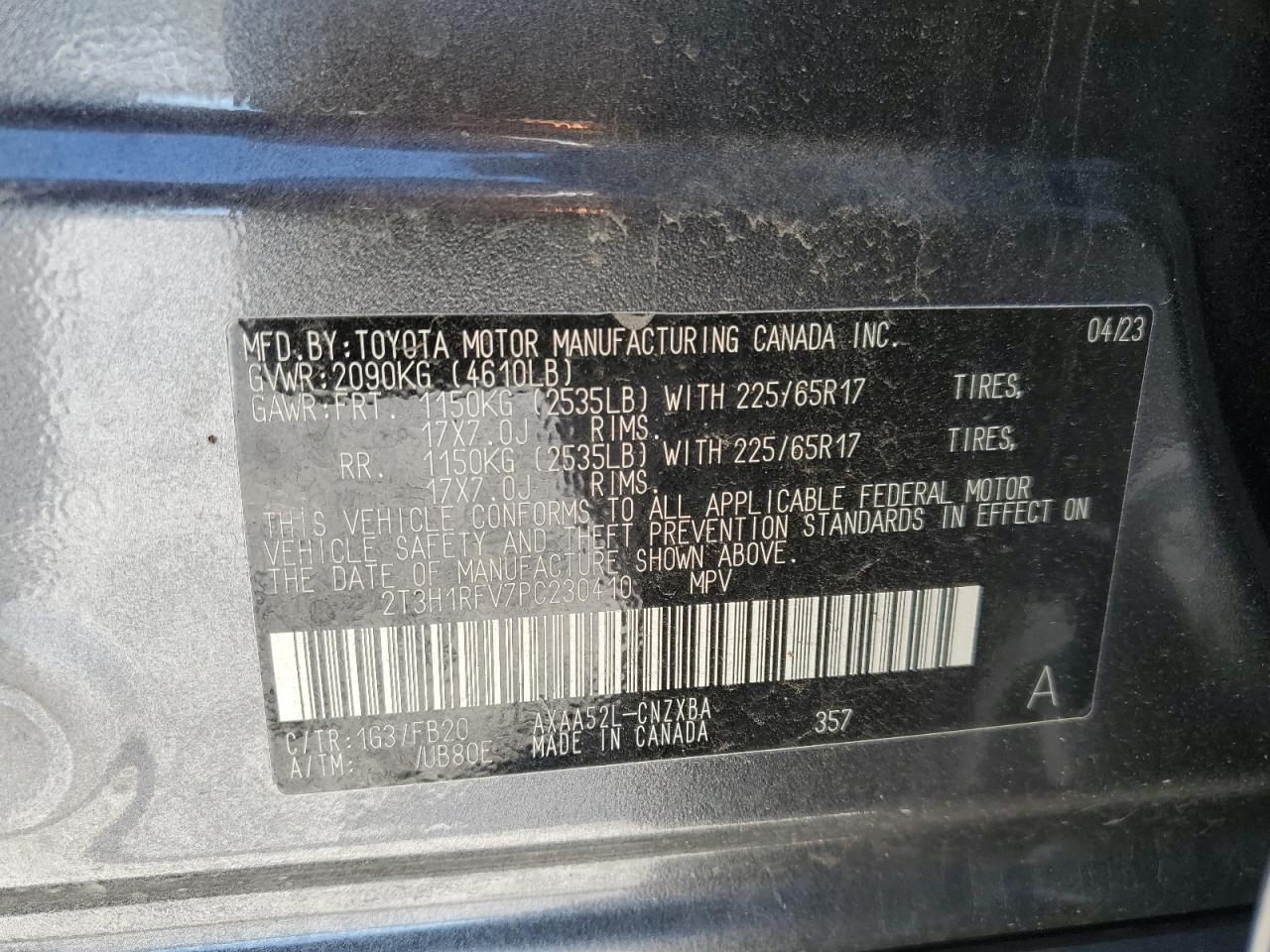 2023 TOYOTA RAV4 LE VIN:2T3H1RFV7PC230410