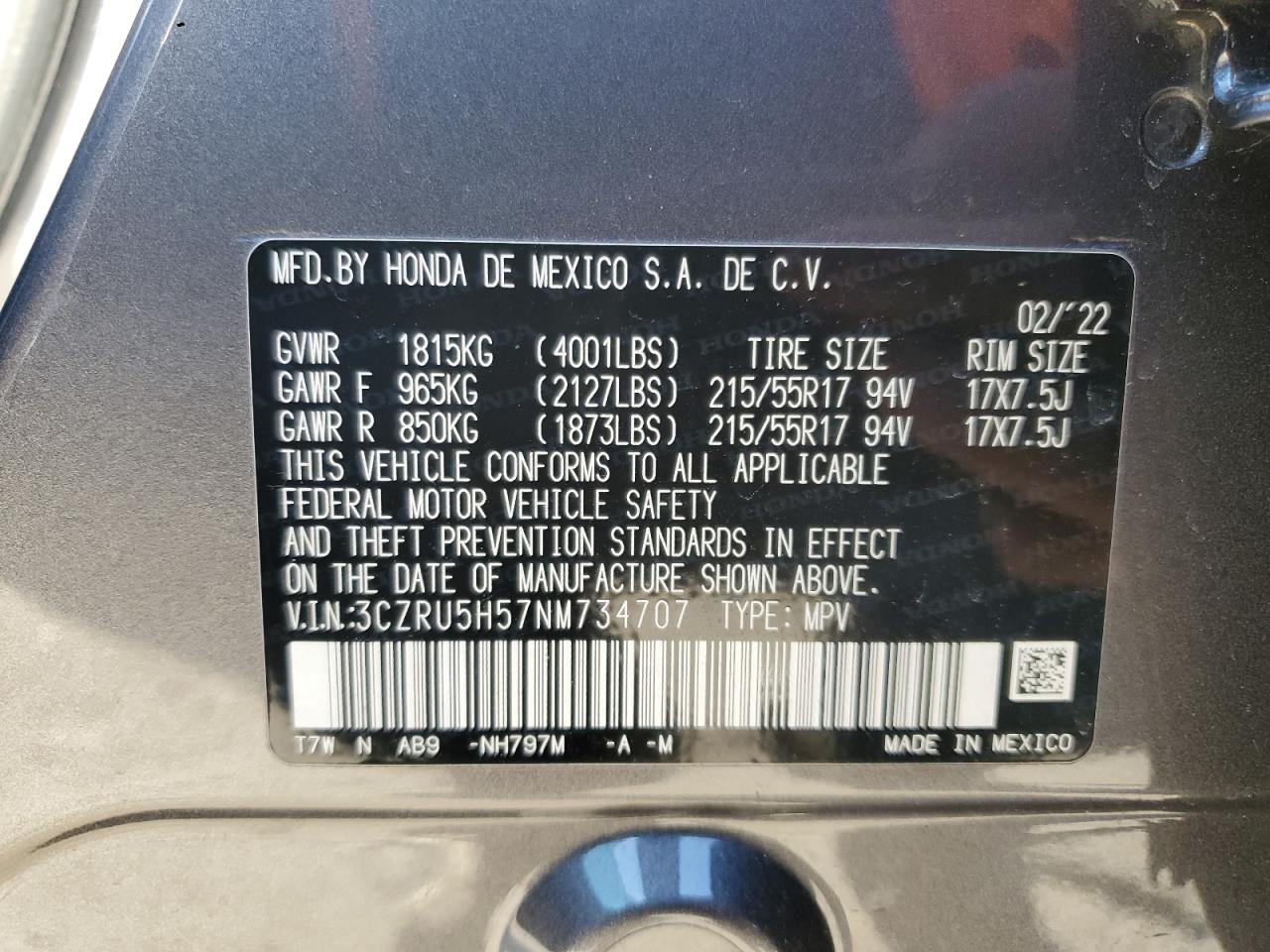 2022 HONDA HR-V EX VIN:3CZRU5H57NM734707