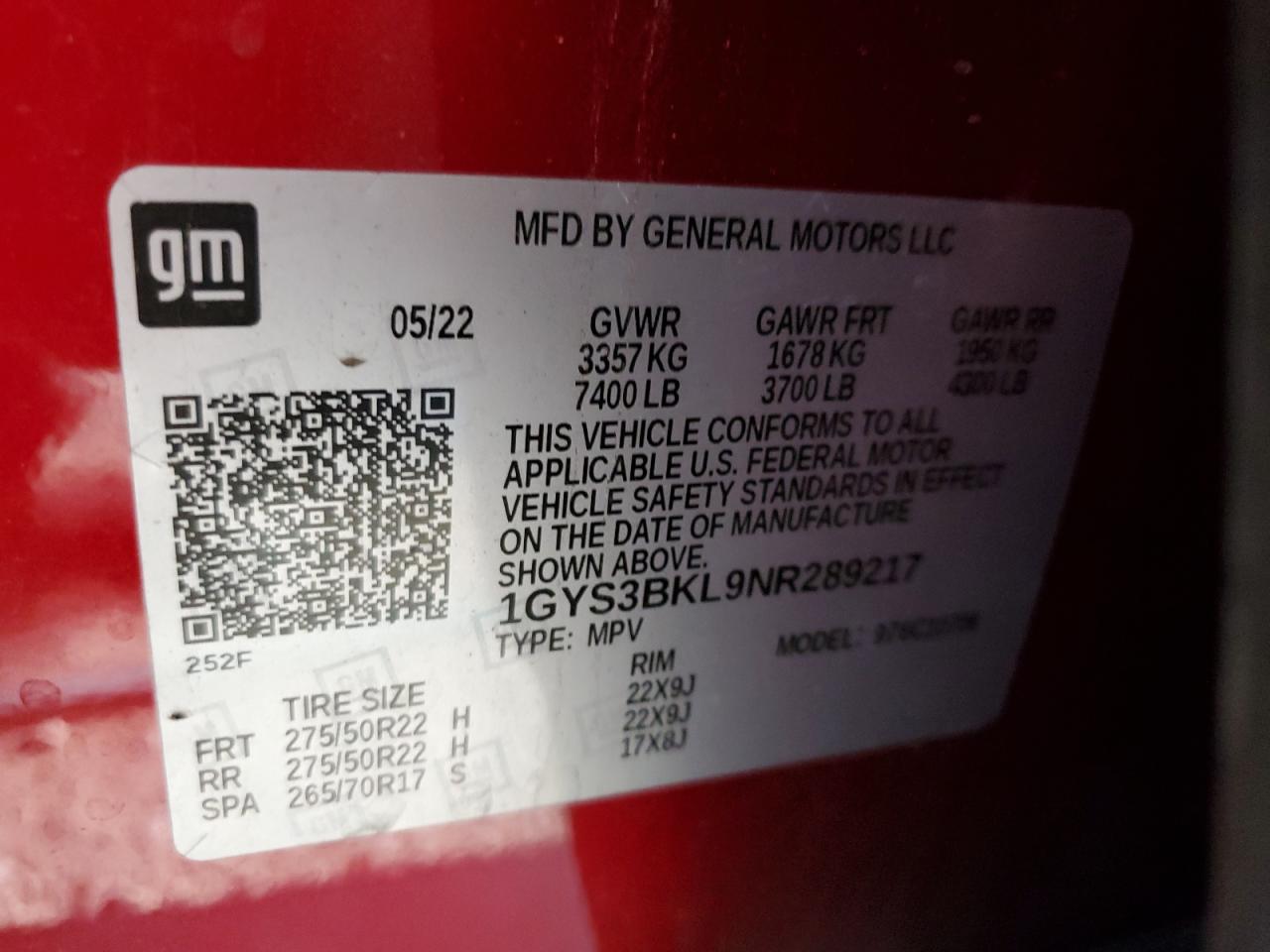 2022 CADILLAC ESCALADE PREMIUM LUXURY VIN:1GYS3BKL9NR289217