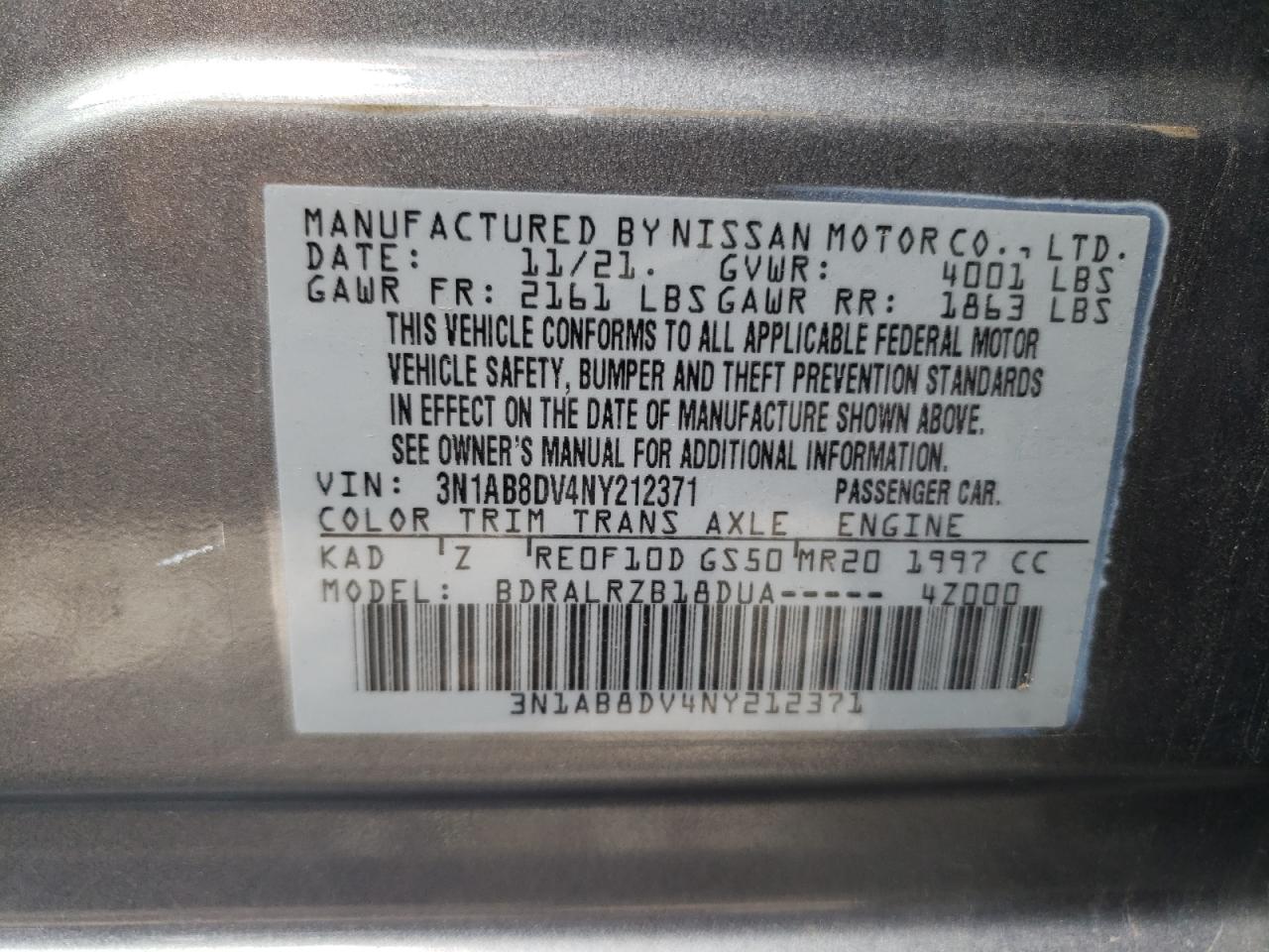 2022 NISSAN SENTRA SR VIN:3N1AB8DV4NY212371