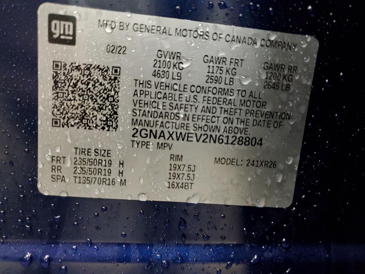 2022 CHEVROLET EQUINOX RS VIN:2GNAXWEV2N6128804