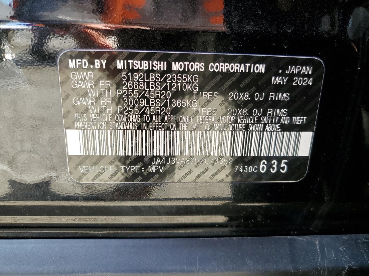 2024 MITSUBISHI OUTLANDER SE VIN:JA4J3VA89RZ073352