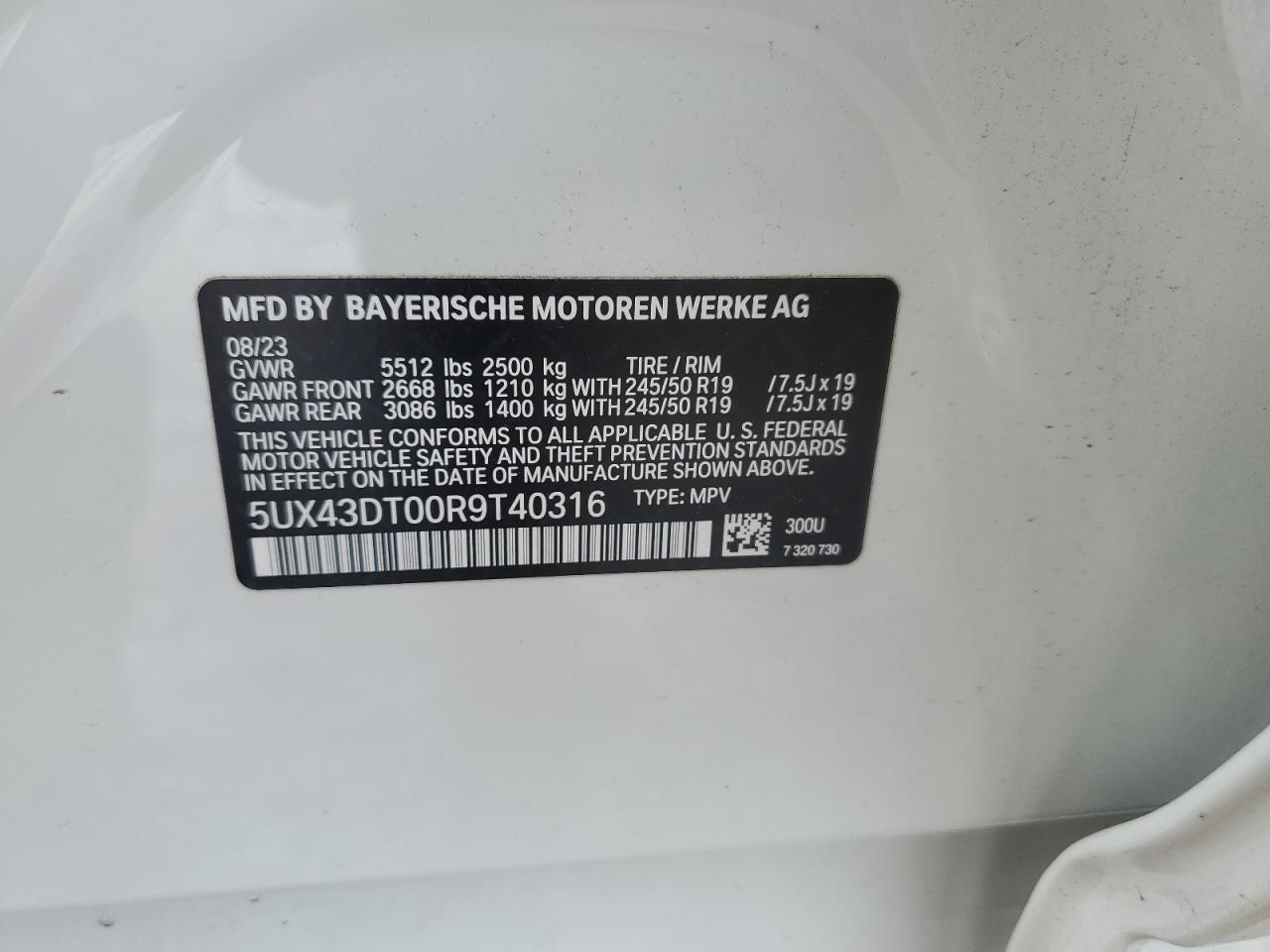 2024 BMW X4 M40I VIN:5UX43DT00R9T40316