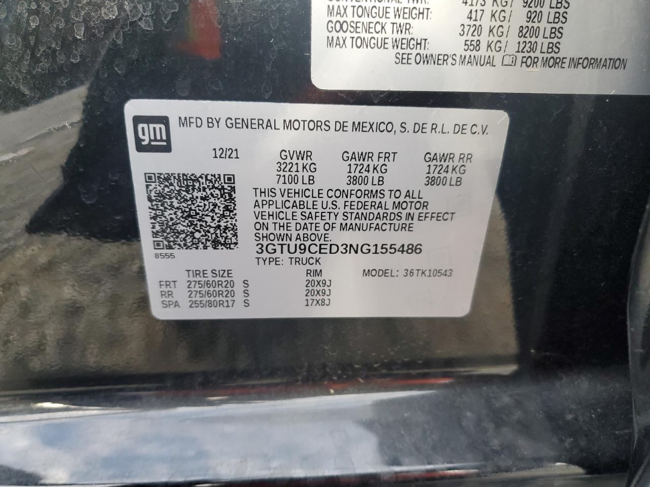 2022 GMC SIERRA LIMITED K1500 ELEVATION VIN:3GTU9CED3NG155486