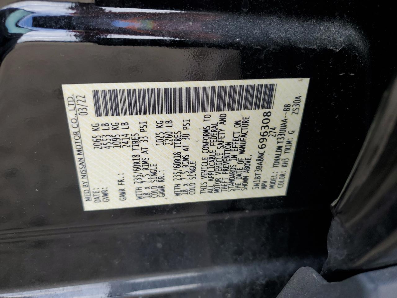 2022 NISSAN ROGUE SV VIN:5N1BT3BA8NC696308