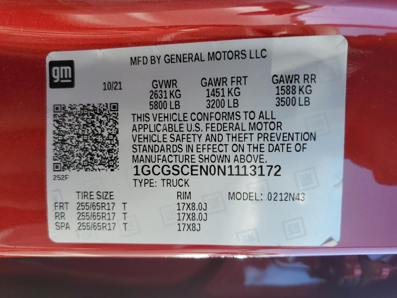 2022 CHEVROLET COLORADO LT VIN:1GCGSCEN0N1113172