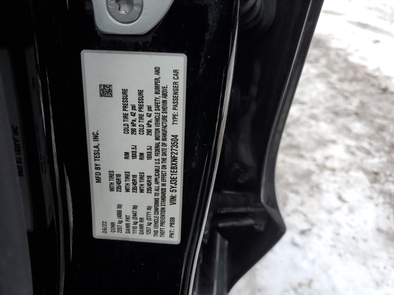 2022 TESLA MODEL 3  VIN:KL77LGE26RC138773