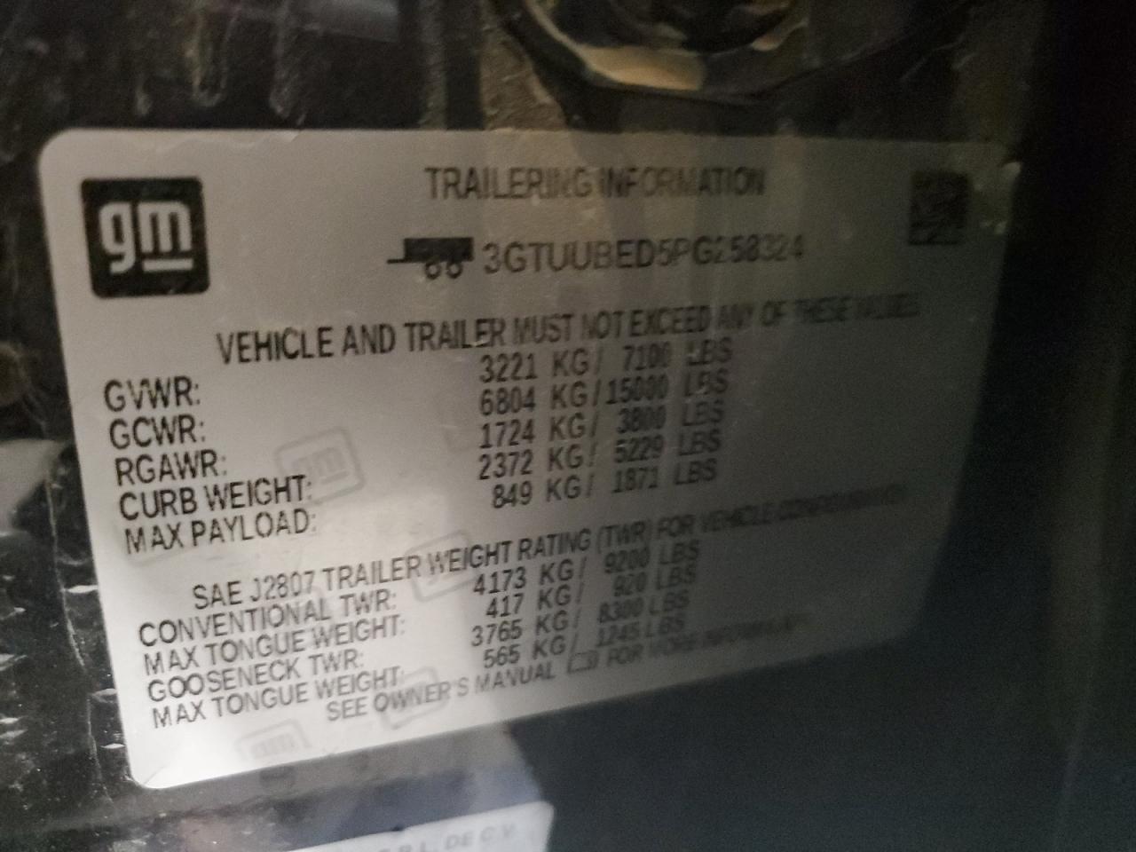 2023 GMC SIERRA K1500 SLE VIN:3GTUUBED5PG258324