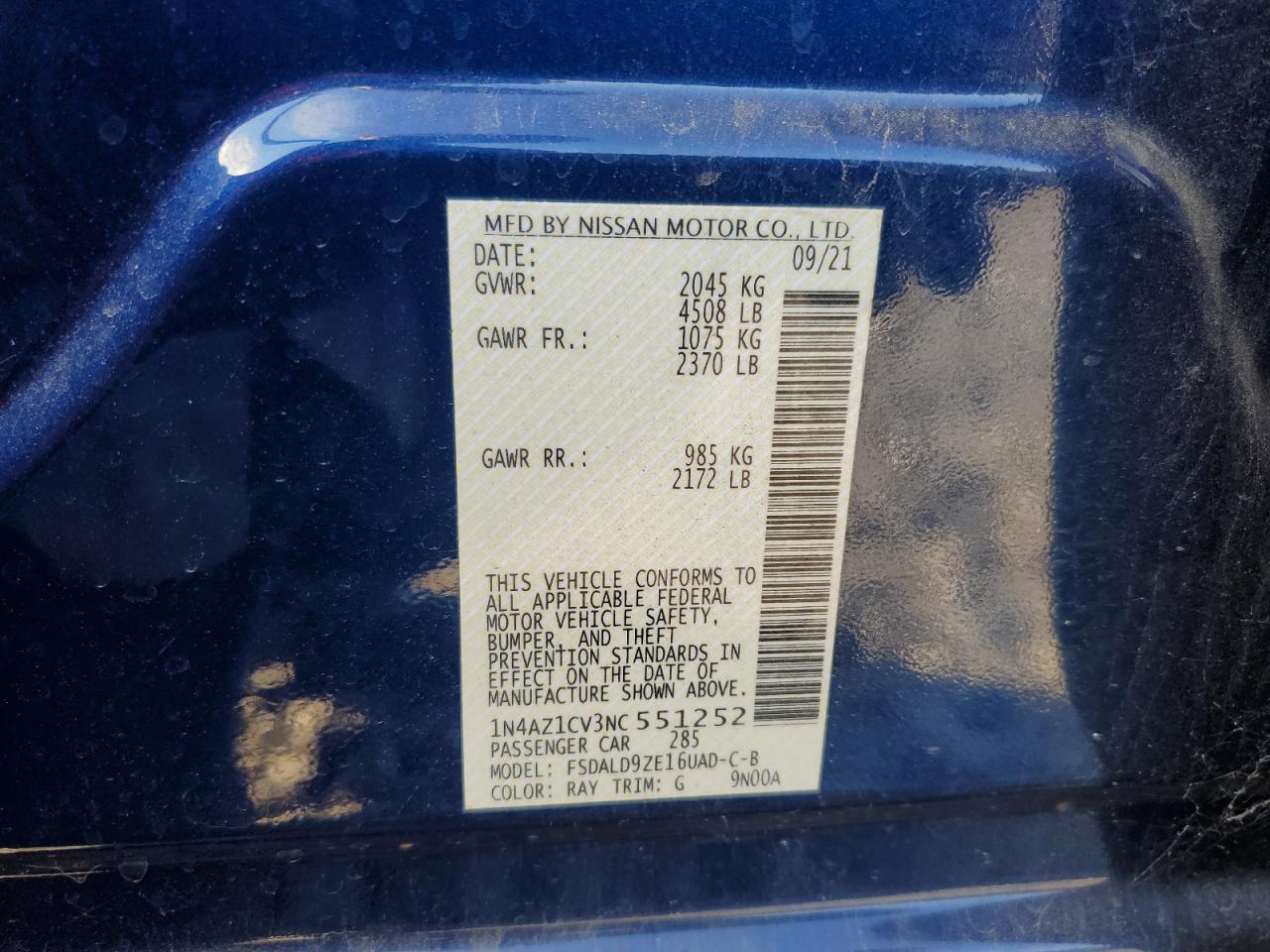 2022 NISSAN LEAF SV VIN:1N4AZ1CV3NC551252