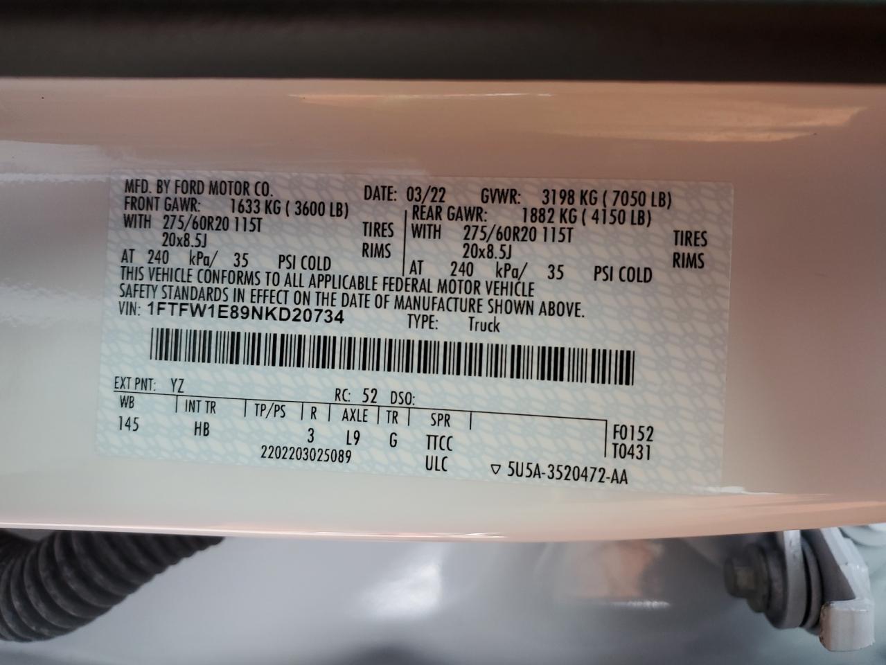 2022 FORD F150 SUPERCREW VIN:1FTFW1E89NKD20734