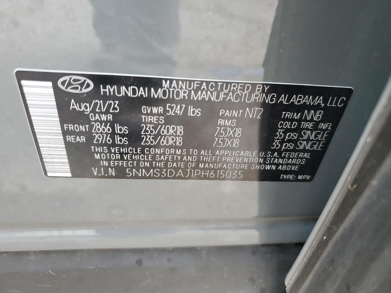 2023 HYUNDAI SANTA FE SEL PREMIUM VIN:5NMS3DAJ1PH615035