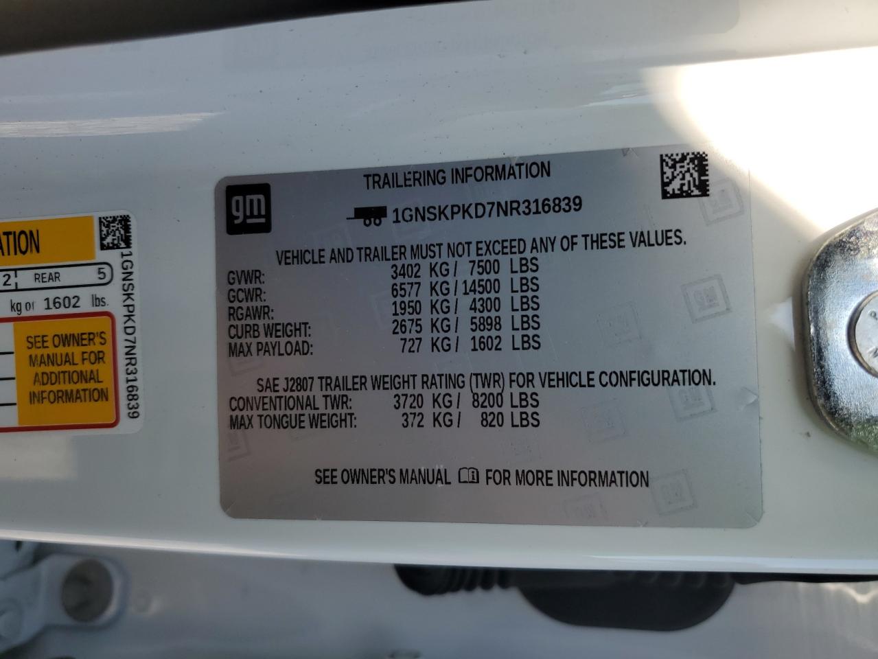 2022 CHEVROLET TAHOE K1500 Z71 VIN:1GNSKPKD7NR316839