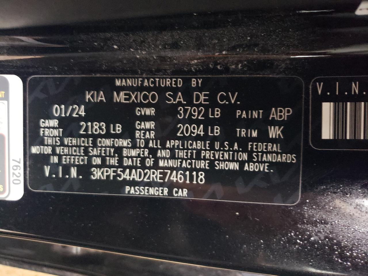 2024 KIA FORTE GT LINE VIN:3KPF54AD2RE746118