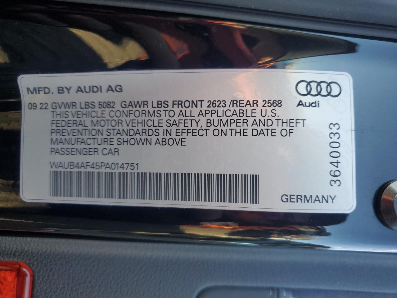 2023 AUDI S4 PREMIUM PLUS VIN:WAUB4AF45PA014751