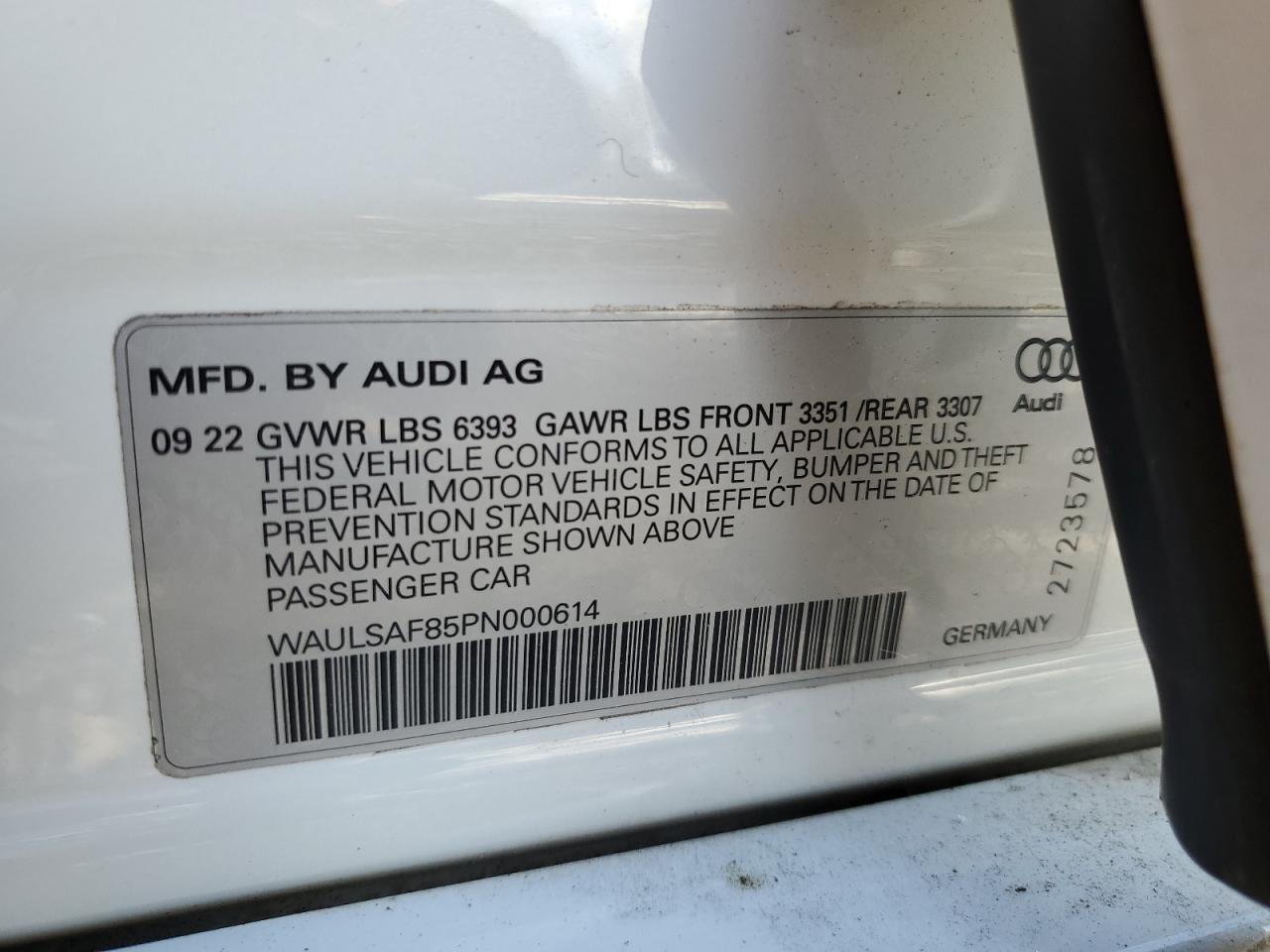 2023 AUDI S8  VIN:WAULSAF85PN000614
