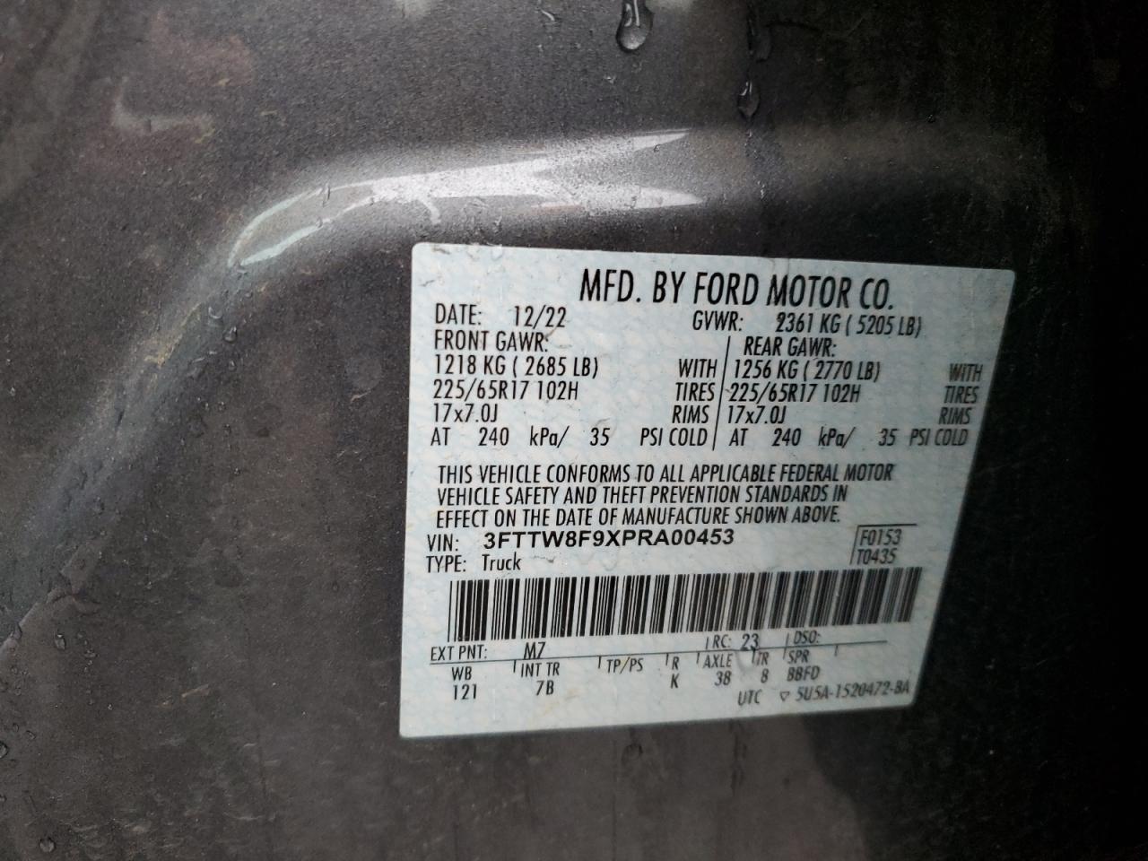 2023 FORD MAVERICK XL VIN:3FTTW8F9XPRA00453