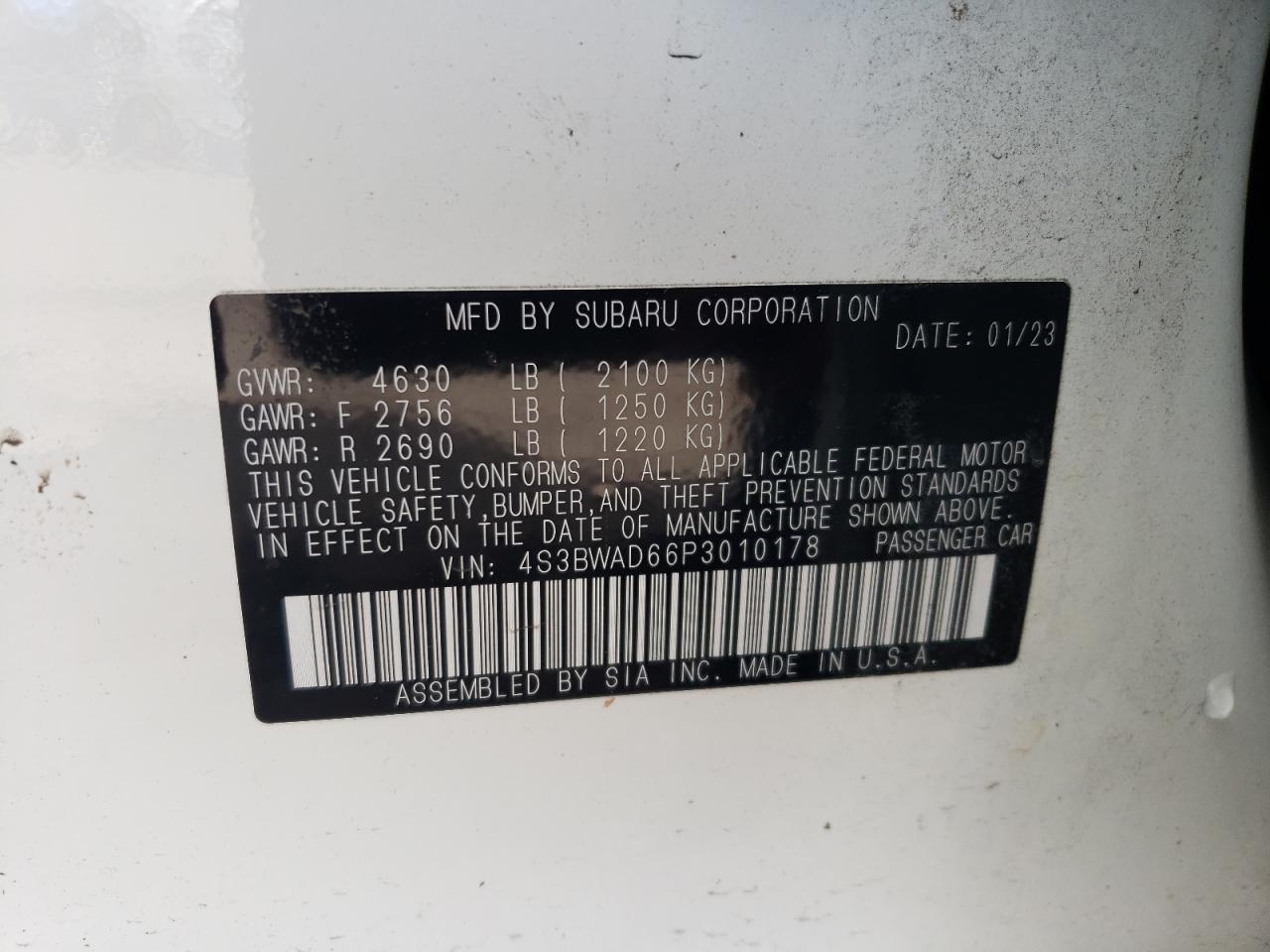 2023 SUBARU LEGACY PREMIUM VIN:4S3BWAD66P3010178