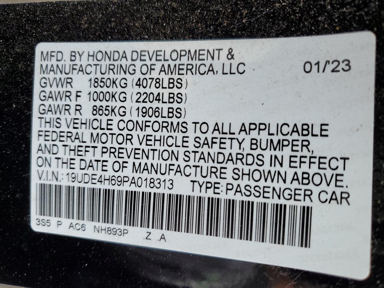 2023 ACURA INTEGRA A-SPEC TECH VIN:19UDE4H69PA018313
