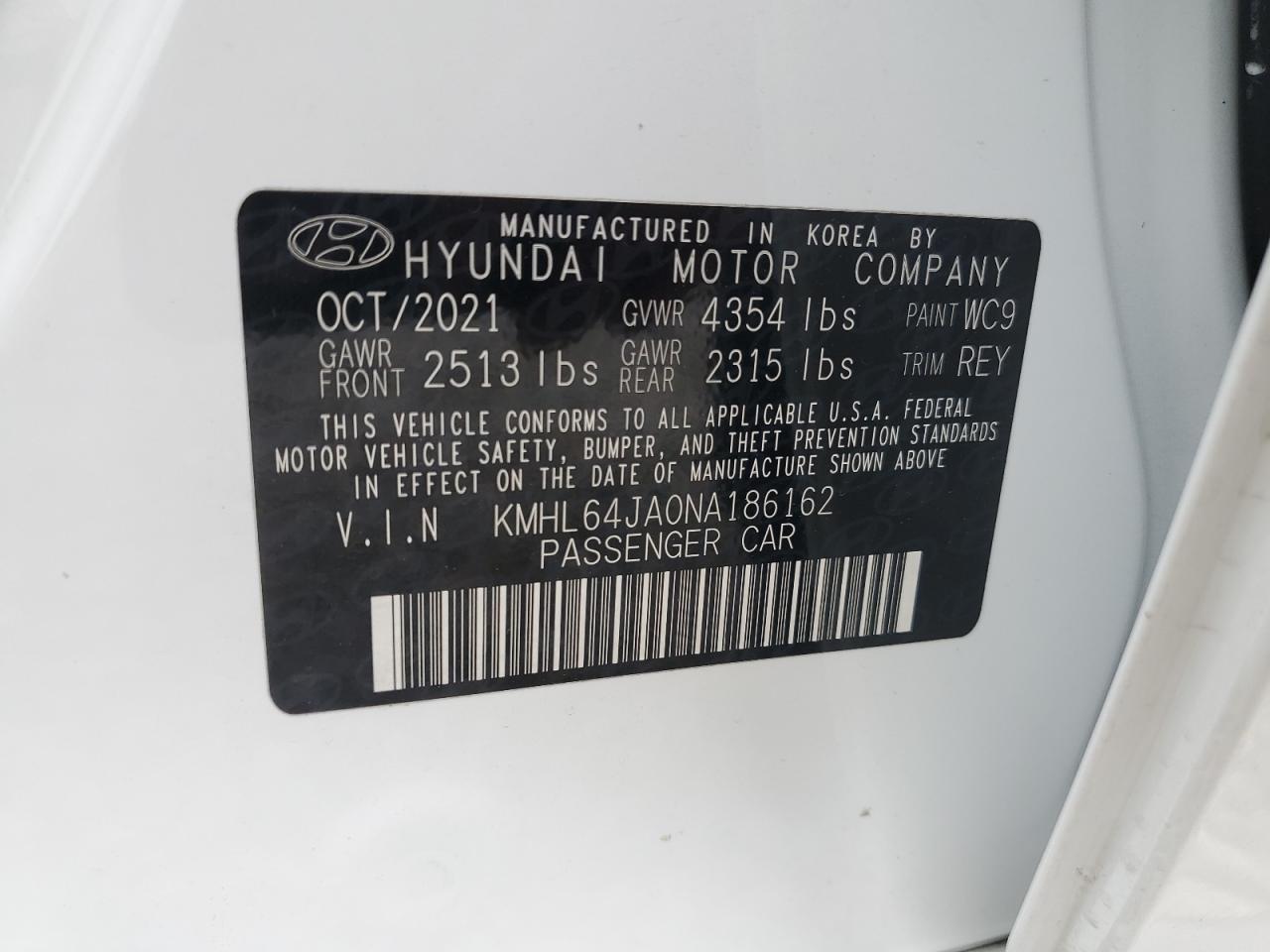 2022 HYUNDAI SONATA SEL VIN:KMHL64JA0NA186162