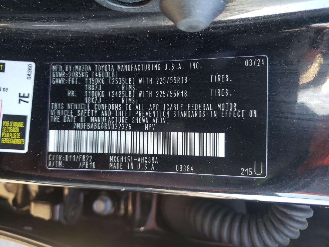 2024 TOYOTA COROLLA CROSS SE VIN:7MUFBABG6RV032326