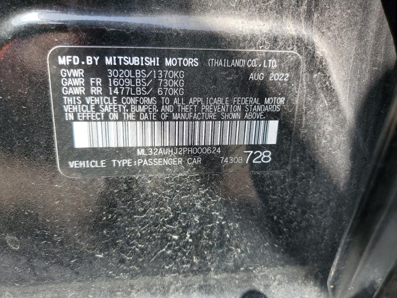 2023 MITSUBISHI MIRAGE ES VIN:ML32AUHJ2PH000624