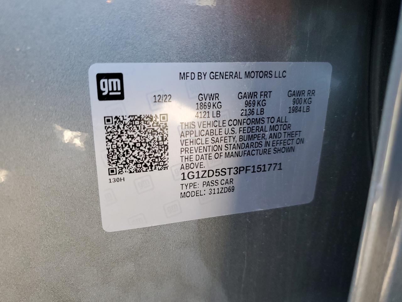 2023 CHEVROLET MALIBU LT VIN:1G1ZD5ST3PF151771