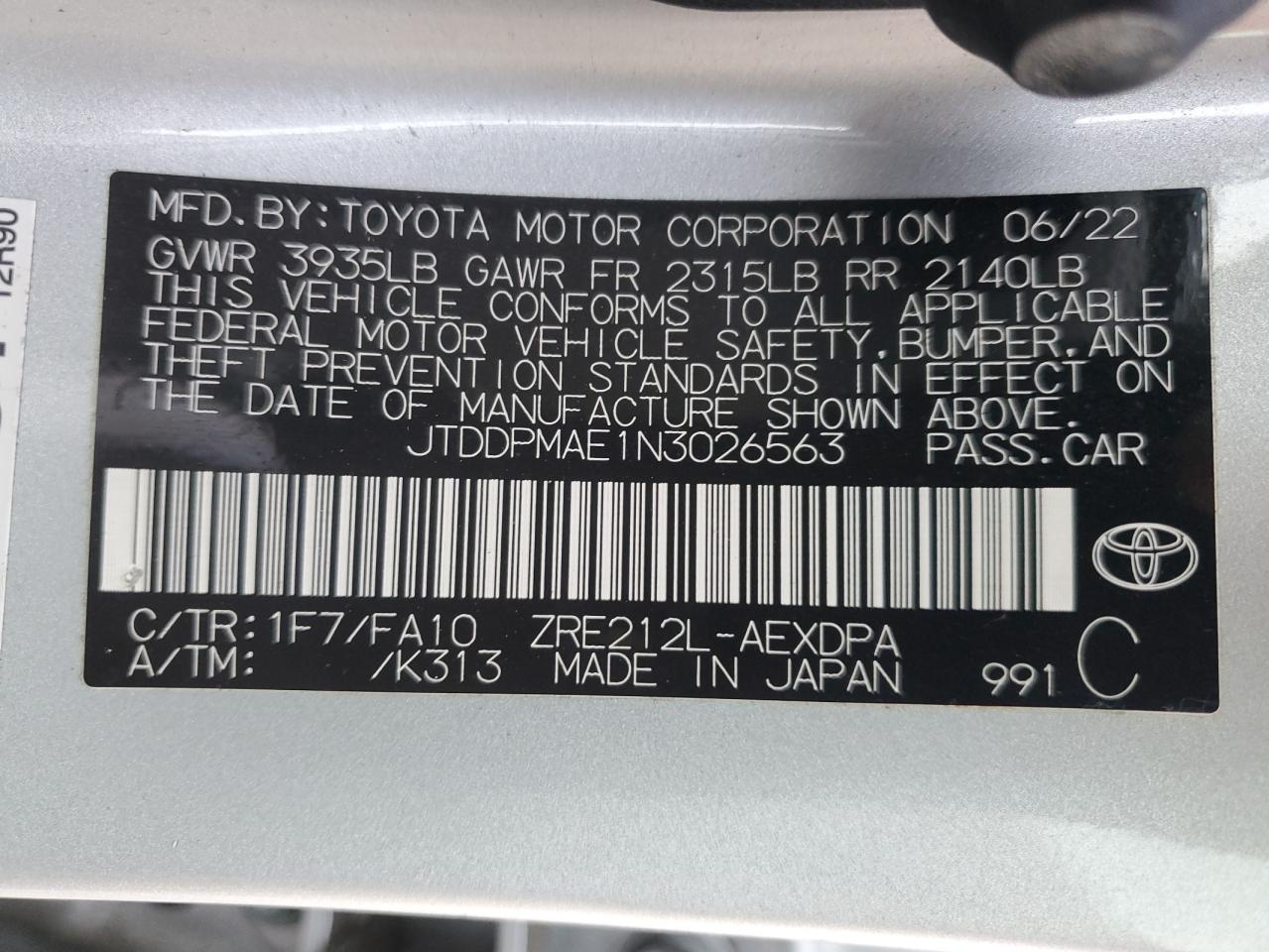 2022 TOYOTA COROLLA L VIN:JTDDPMAE1N3026563