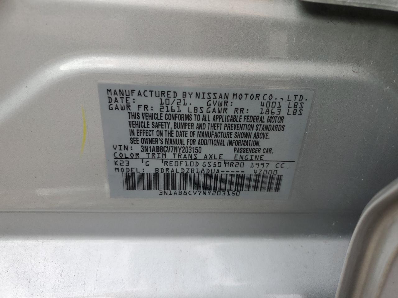 2022 NISSAN SENTRA SV VIN:3N1AB8CV7NY203150