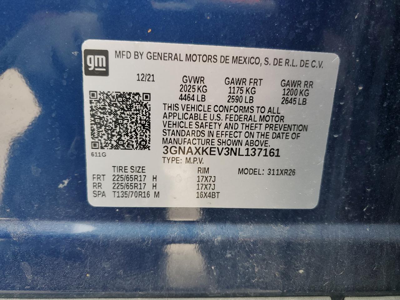 2022 CHEVROLET EQUINOX LT VIN:3GNAXKEV3NL137161