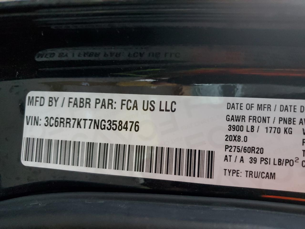 2022 RAM 1500 CLASSIC TRADESMAN VIN:3C6RR7KT7NG358476