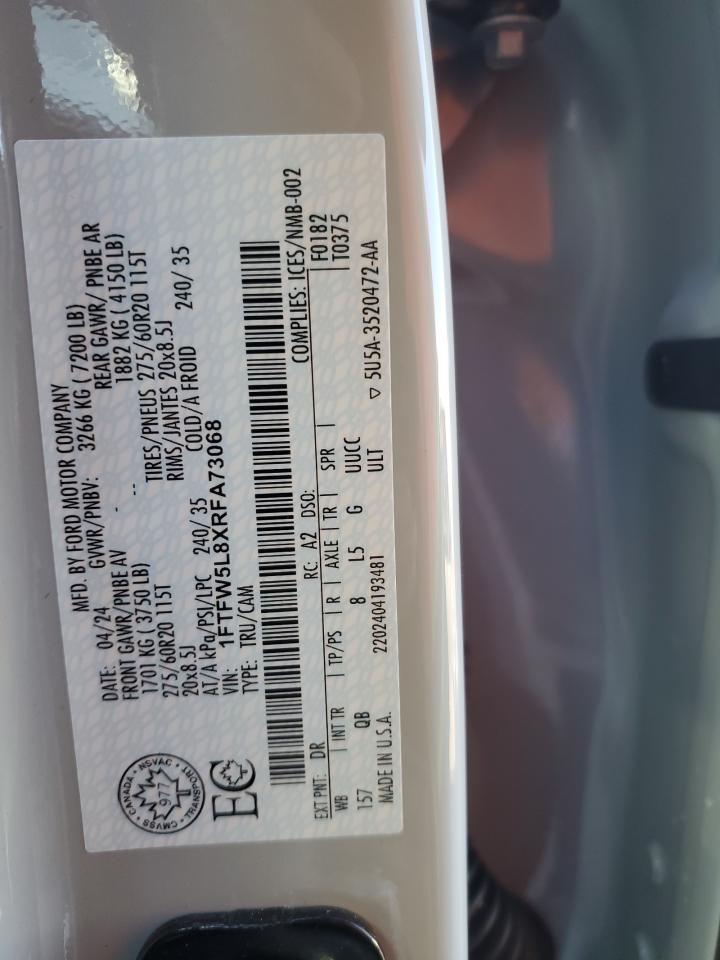 2024 FORD F150 LARIAT VIN:1FTFW5L8XRFA73068