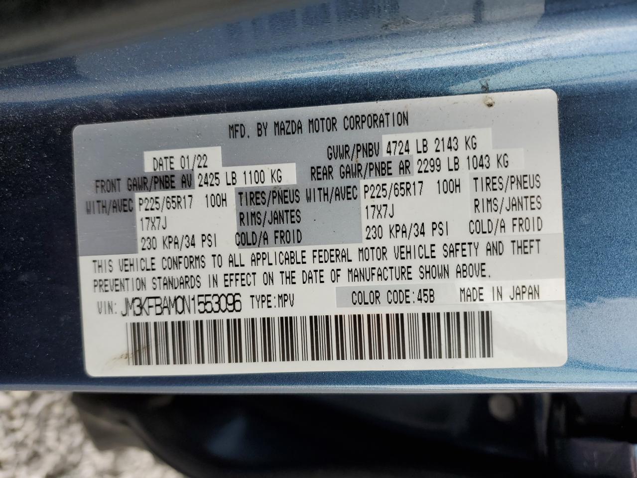 2022 MAZDA CX-5  VIN:JM3KFBAM0N1553096