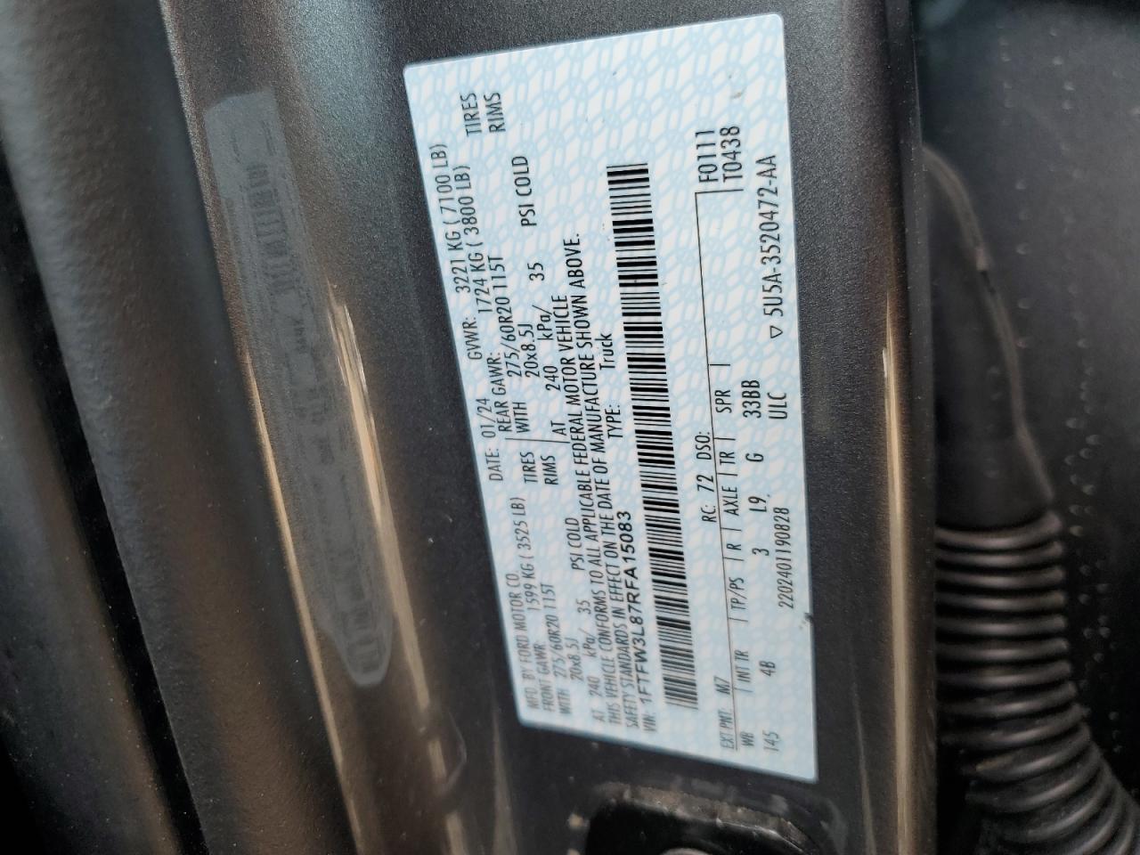 2024 FORD F150 XLT VIN:1FTFW3L87RFA15083