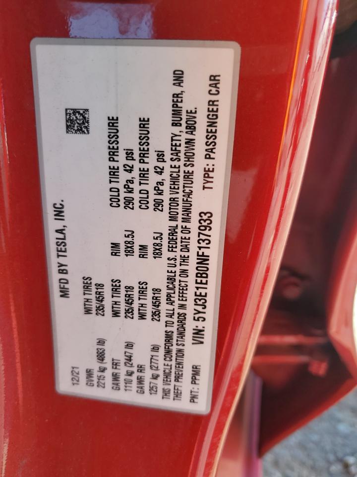 2022 TESLA MODEL 3  VIN:5YJ3E1EB0NF137933
