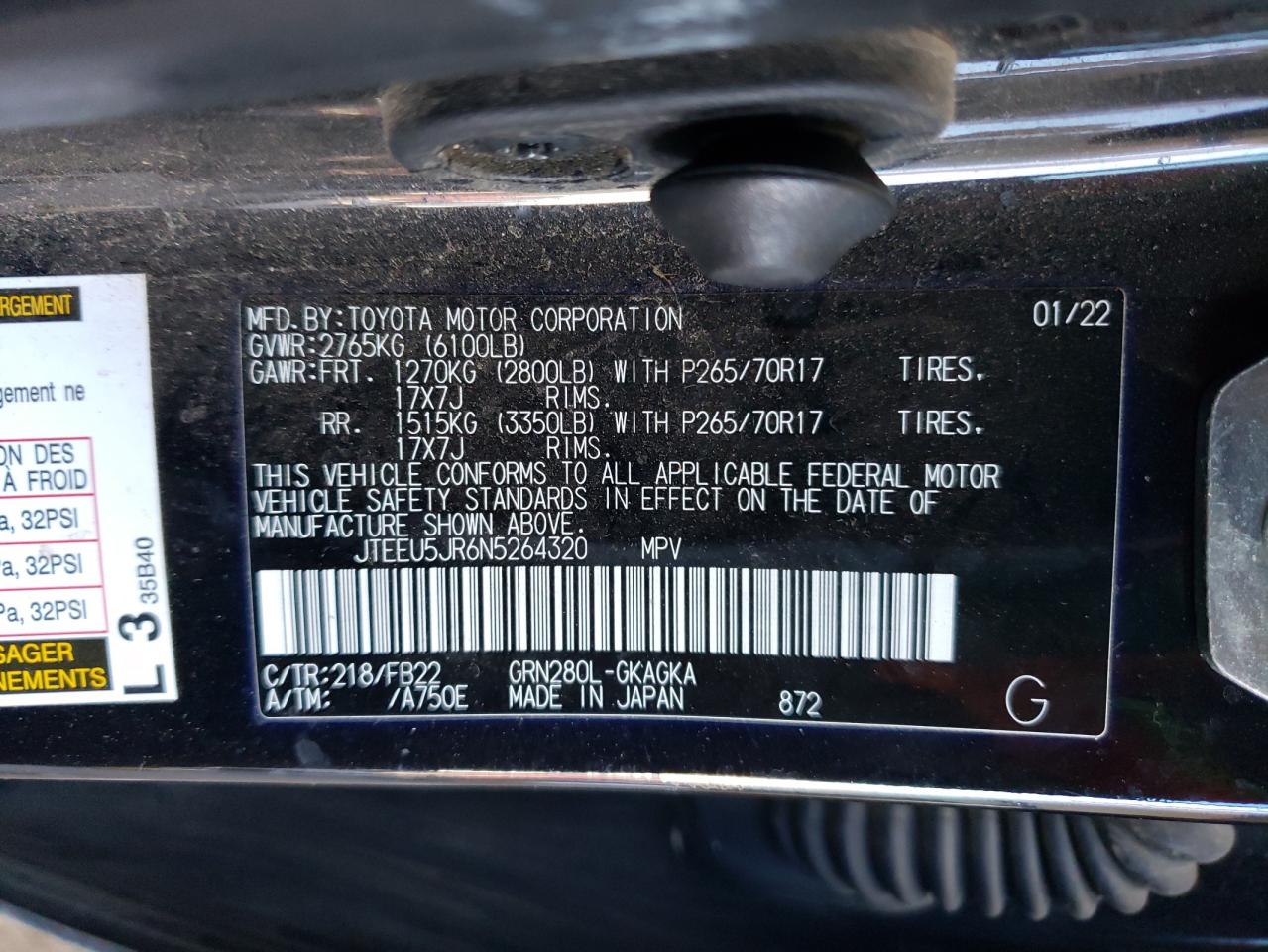 2022 TOYOTA 4RUNNER SR5 VIN:JTEEU5JR6N5264320