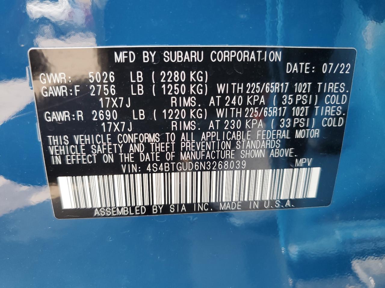 2022 SUBARU OUTBACK WILDERNESS VIN:4S4BTGUD6N3268039