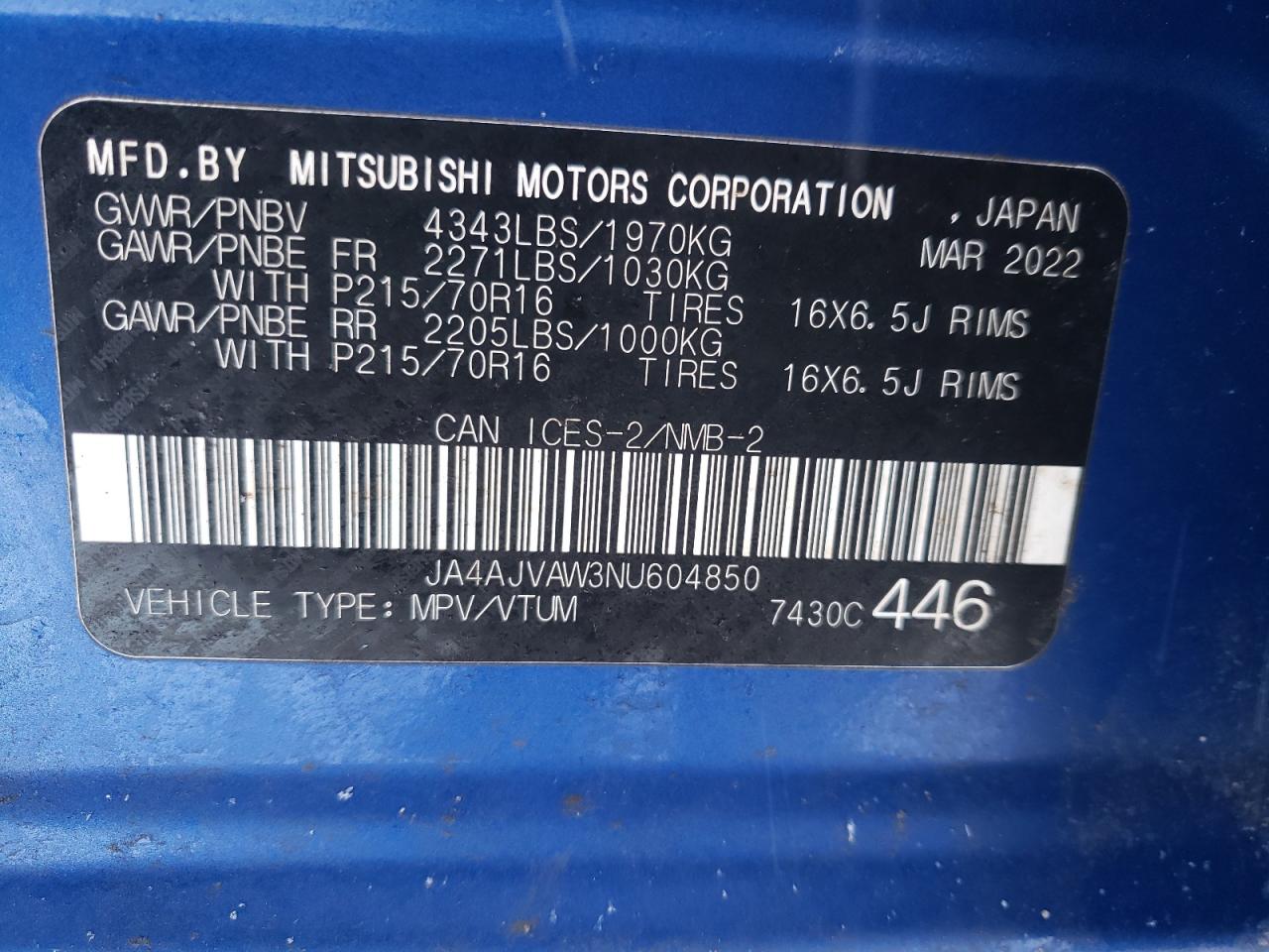 2022 MITSUBISHI RVR SE VIN:JA4AJVAW3NU604850