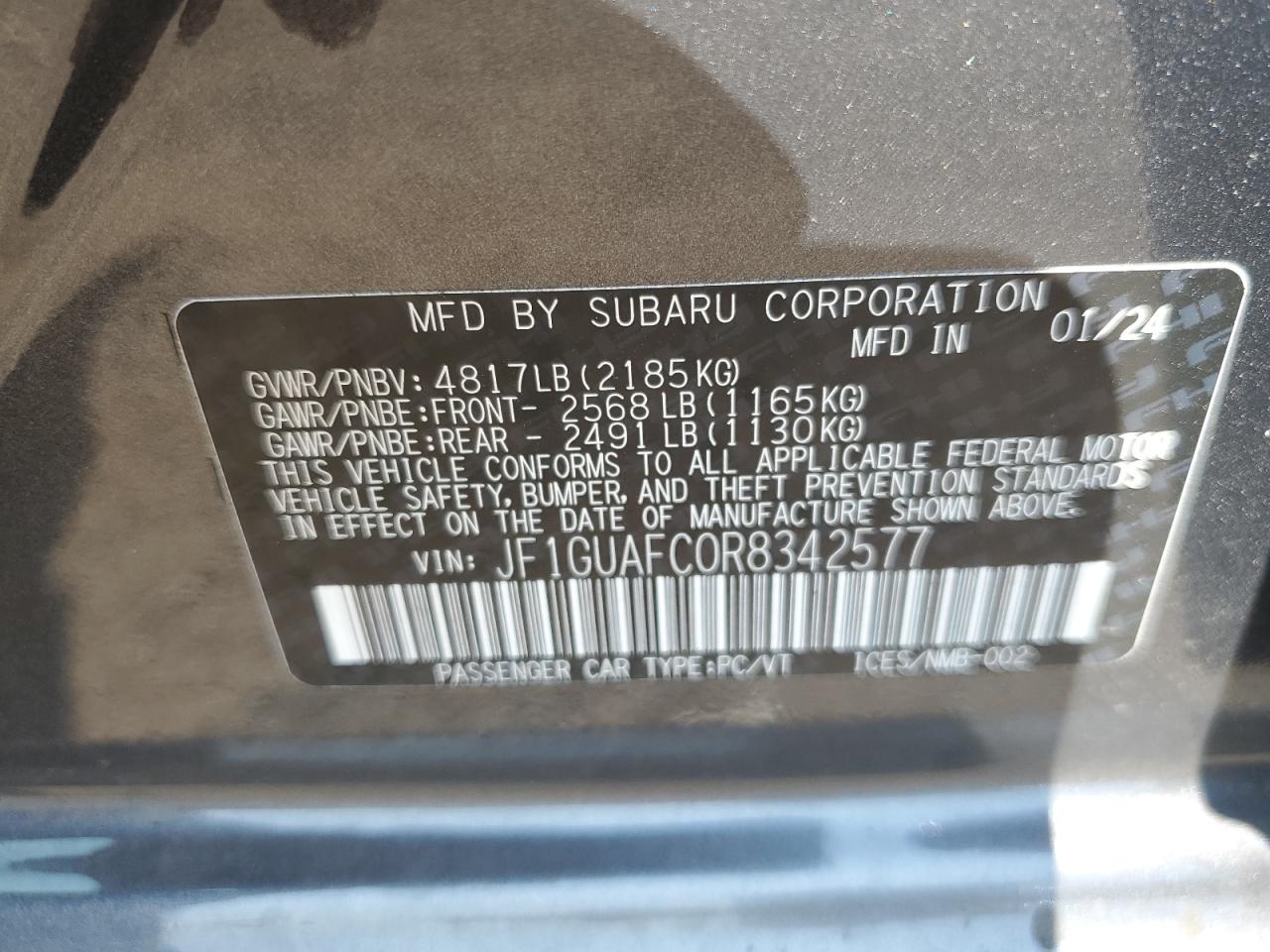 2024 SUBARU IMPREZA SPORT VIN:JF1GUAFC0R8342577