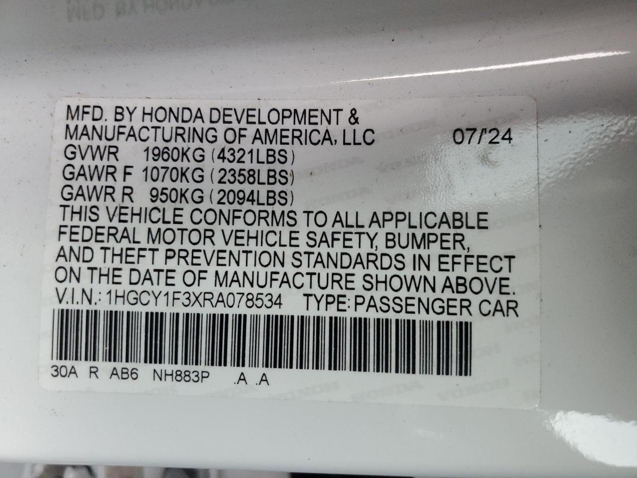 2024 HONDA ACCORD EX VIN:1HGCY1F3XRA078534