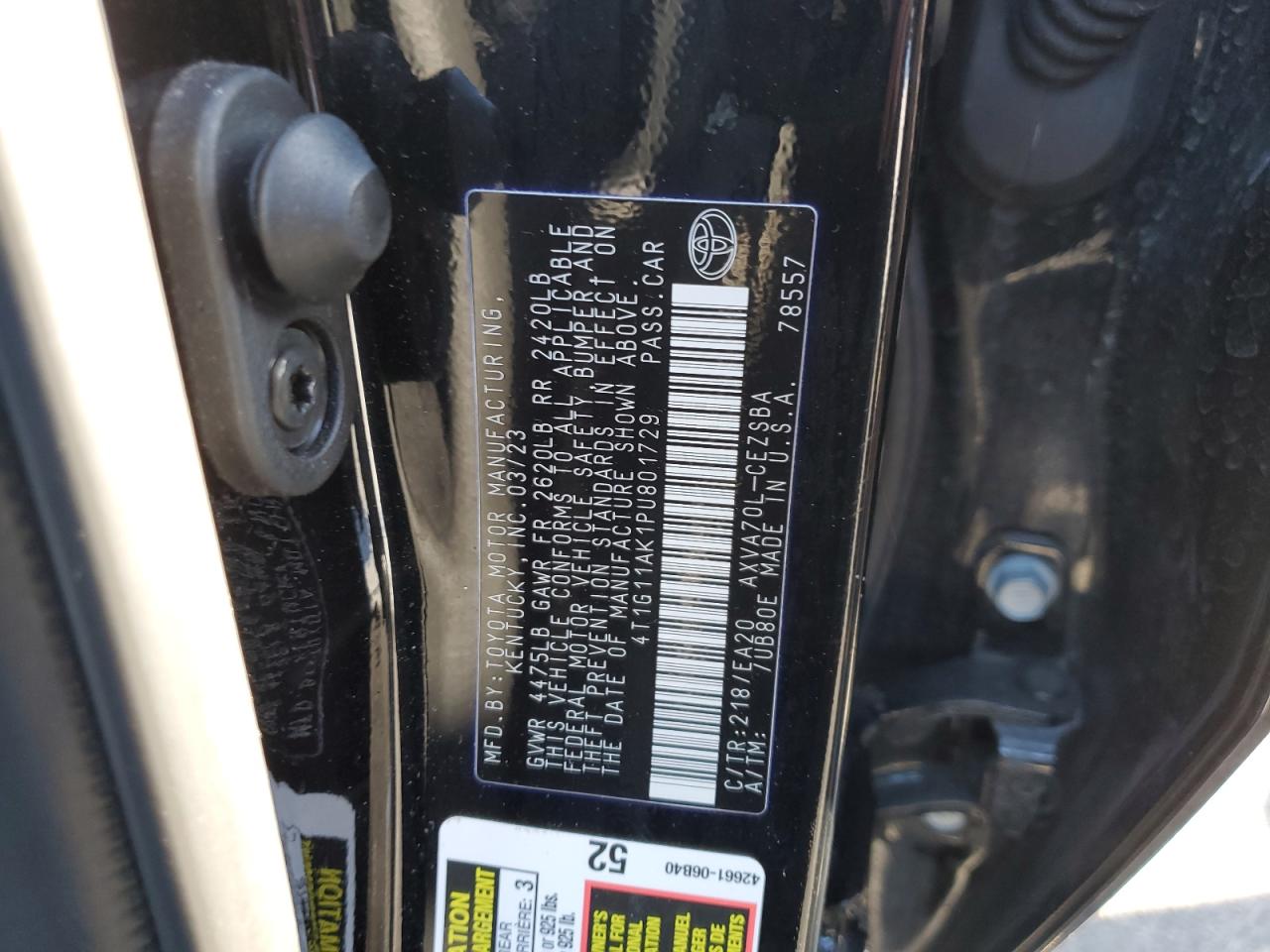 2023 TOYOTA CAMRY SE NIGHT SHADE VIN:4T1G11AK1PU801729