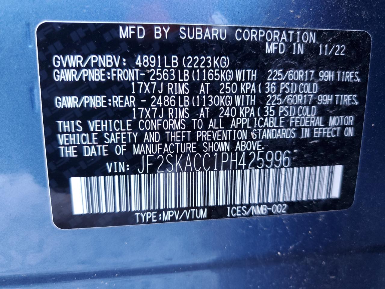 2023 SUBARU FORESTER  VIN:JF2SKACC1PH425996