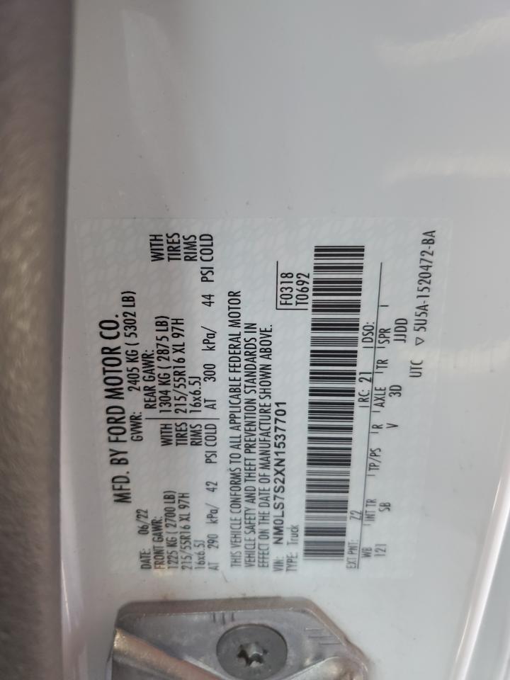 2022 FORD TRANSIT CONNECT XL VIN:NM0LS7S2XN1537701